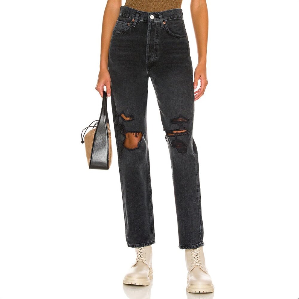 Agolde 90s Jean Mid Rise Loose Vagabond Gray Denim Ripped Knees size 31